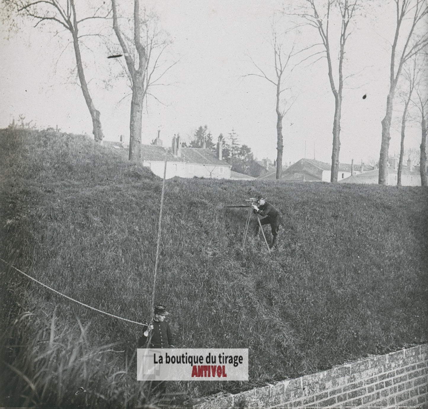 Exercices du génie militaire, plaque verre stéréo, photo ancienne 4,5x10,7 cm