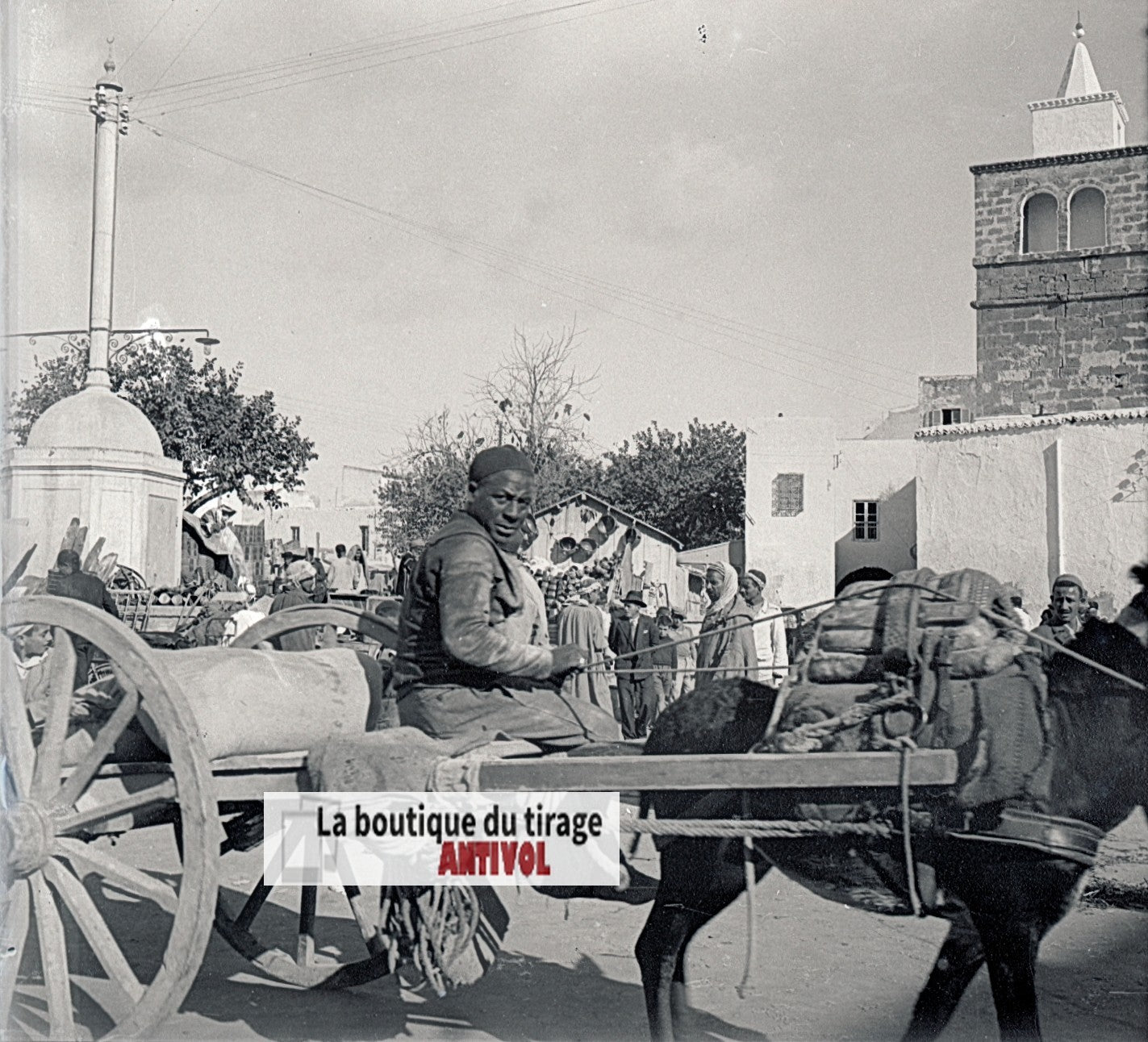 Algérie, marché, plaque verre, photo stéréo, négatif noir & blanc 6x13 cm