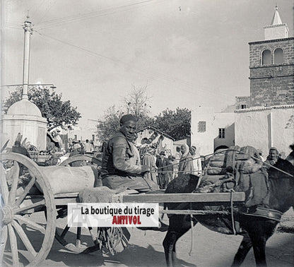 Algérie, marché, plaque verre, photo stéréo, négatif noir & blanc 6x13 cm