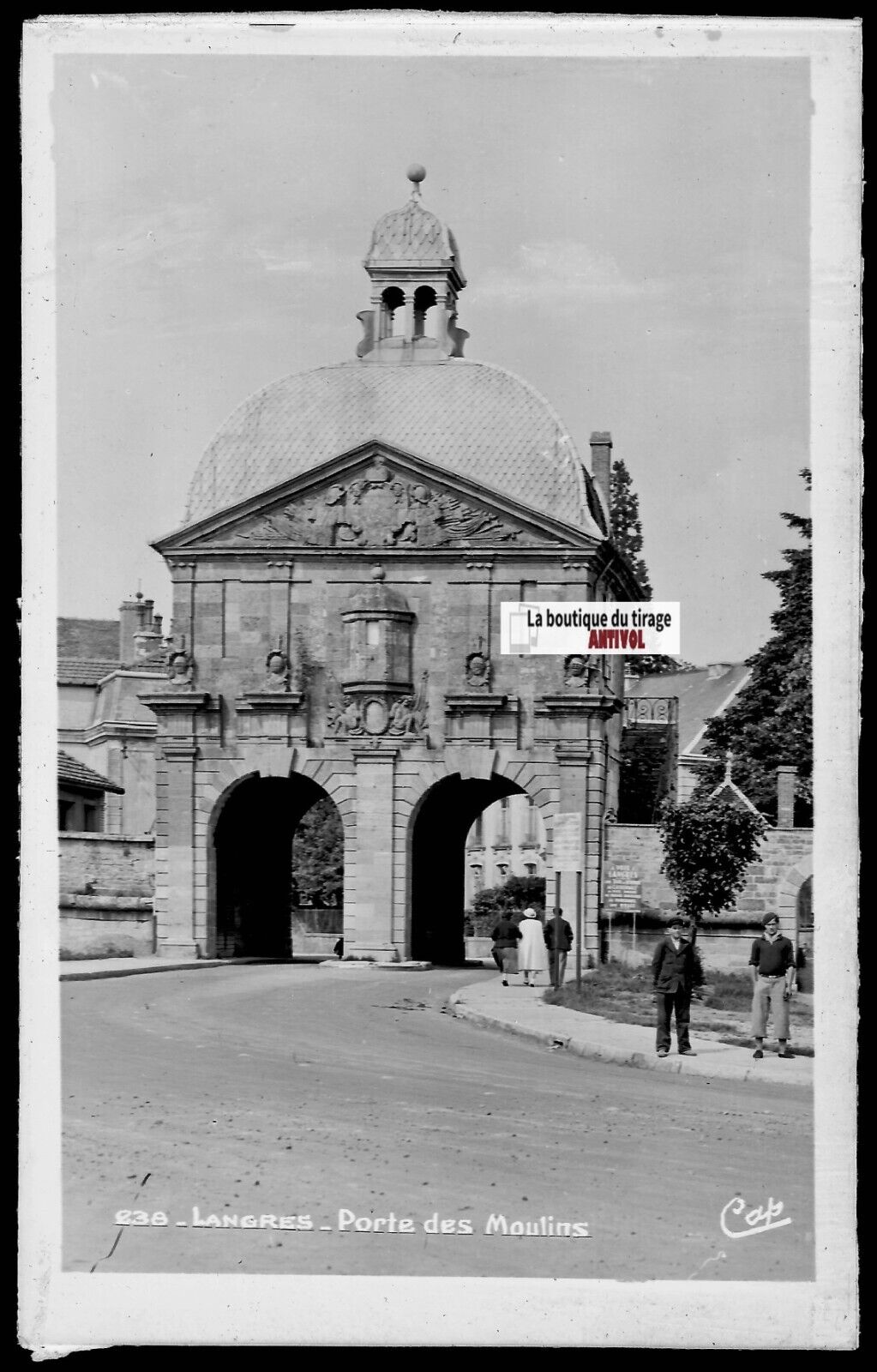 Plaque verre photo négatif noir & blanc 9x14 cm Langres, porte des Moulins