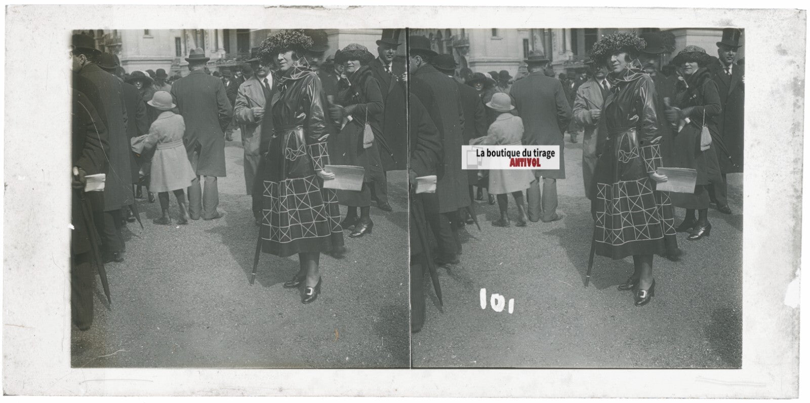 Scène de vie, Longchamp, Paris, plaque verre stéréoscopique, positif 8,5x17 cm