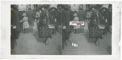 Scène de vie, Longchamp, Paris, plaque verre stéréoscopique, positif 8,5x17 cm