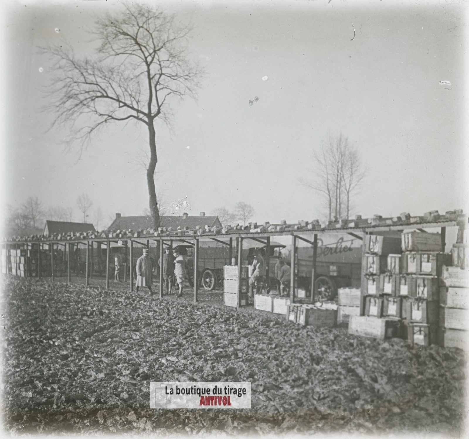 Logistique, camions Berliet, WW1, plaque verre photo ancienne stéréo 6x13 cm