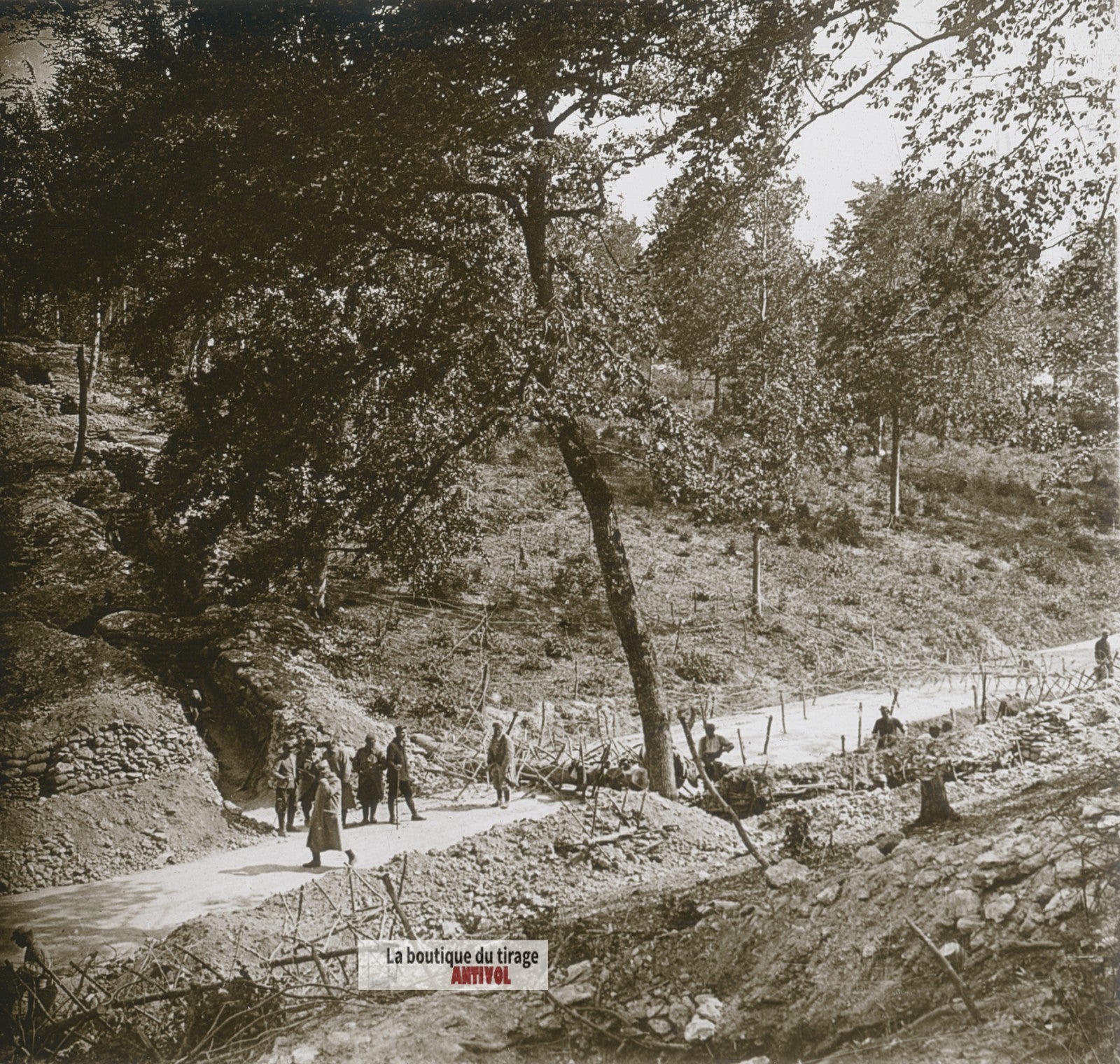 Les Éparges, Carrefour, guerre WW1, plaque verre photo ancienne stéréo 6x13 cm