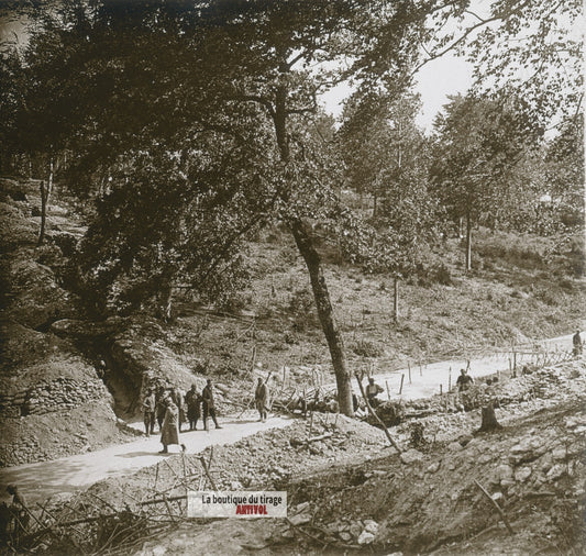 Les Éparges, Carrefour, guerre WW1, plaque verre photo ancienne stéréo 6x13 cm