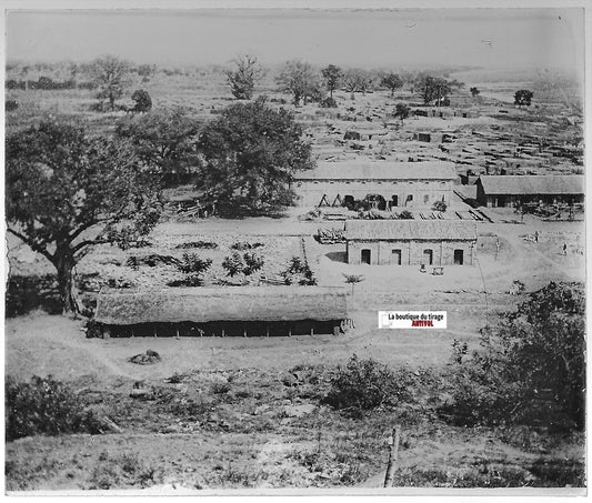 Village, Soudan Mali, Plaque verre photo ancienne, positif noir et blanc 8x10 cm