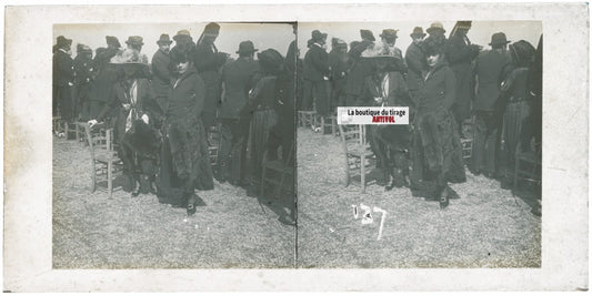 Personnages, Longchamp, Paris, plaque verre stéréoscopique, positif 8,5x17 cm