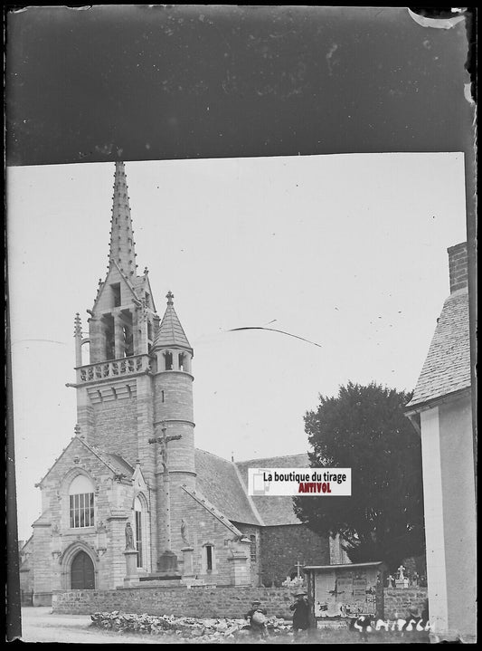 Église Saint-Ouen des Iffs, Plaque verre photo, négatif noir & blanc 9x12 cm