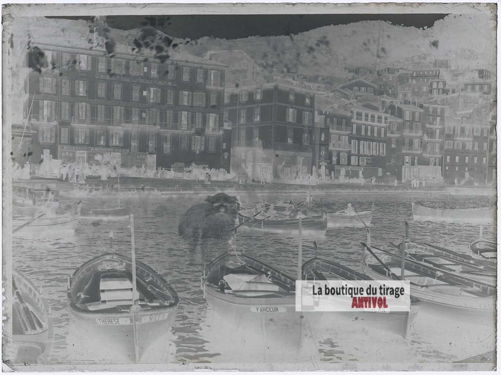 Le port de Villefranche-sur-Mer, plaque verre photo ancienne, négatif 9x12 cm