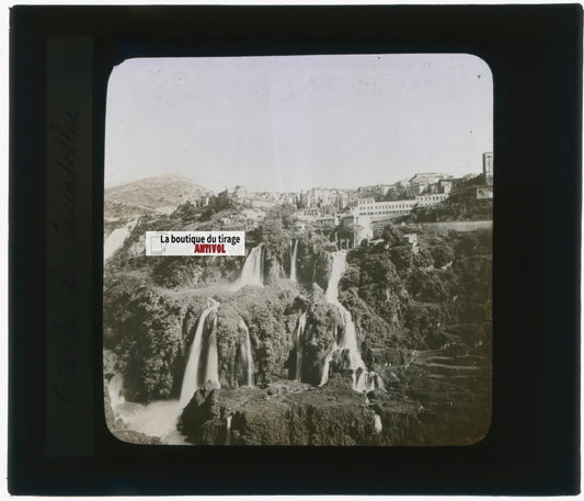 Les cascades de Tivoli, photo plaque verre, noir & blanc, positif 8,5x10 cm