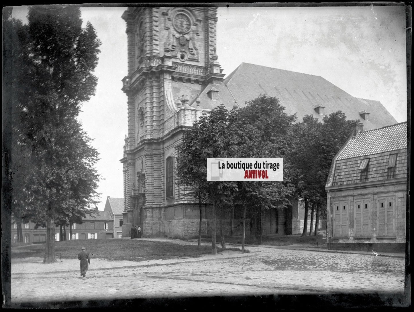 Eglise, Carvin, photo ancienne plaque verre, négatif noir & blanc, 9x12 cm