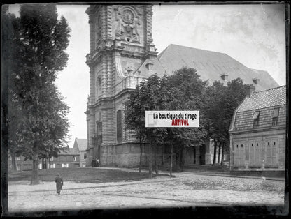 Eglise, Carvin, photo ancienne plaque verre, négatif noir & blanc, 9x12 cm