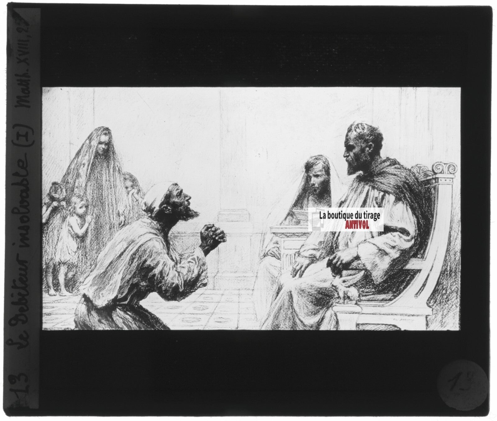 Matthieu, scène religieuse, dessin peinture plaque de verre, positif 8,5x10 cm