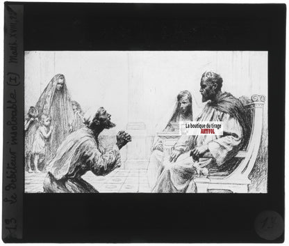 Matthieu, scène religieuse, dessin peinture plaque de verre, positif 8,5x10 cm