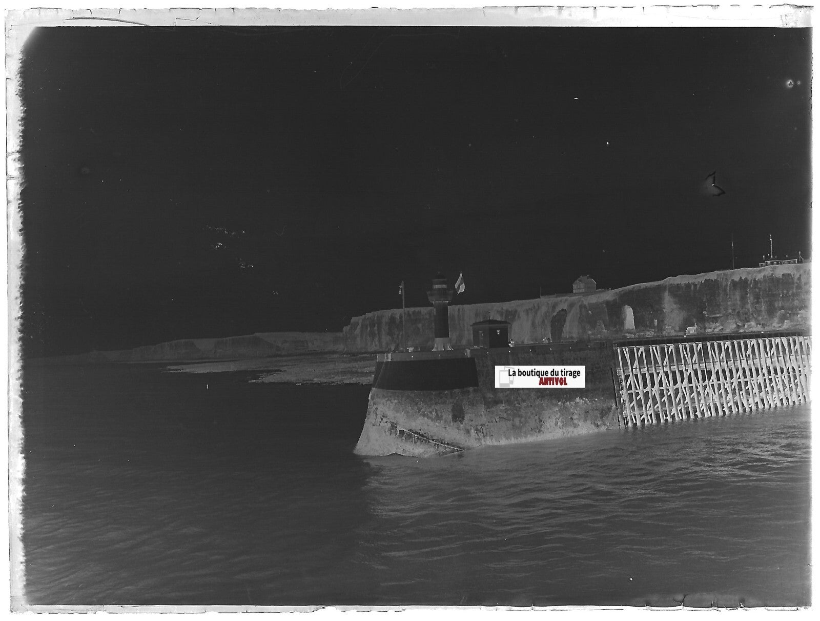 Dieppe, phare falaise, Plaque verre photo ancienne, négatif noir & blanc 9x12 cm