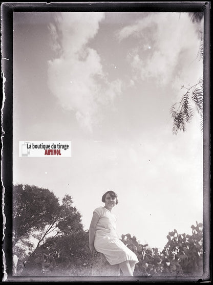 Portrait femme, photo ancienne plaque verre, négatif noir & blanc, 9x12 cm