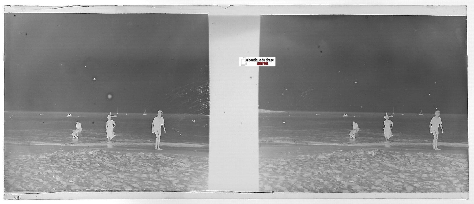 Baignade, mer, Plaque verre photo stéréo, négatif noir & blanc 4,5x10,7 cm