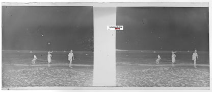 Baignade, mer, Plaque verre photo stéréo, négatif noir & blanc 4,5x10,7 cm