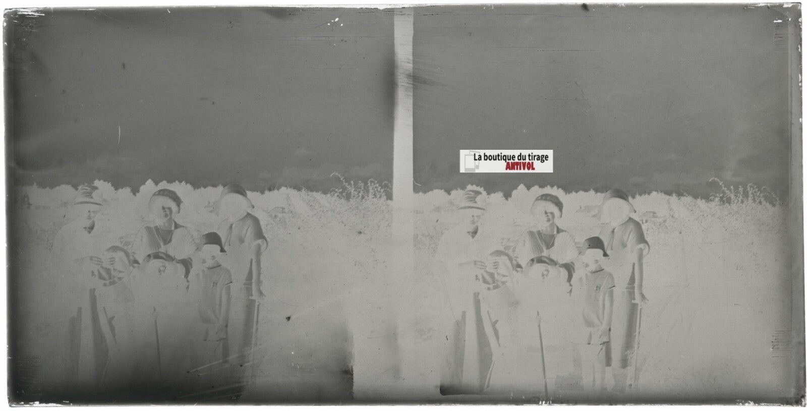 Famille, promenade, stéréoscopie, photo ancienne plaque verre, négatif 9x18 cm