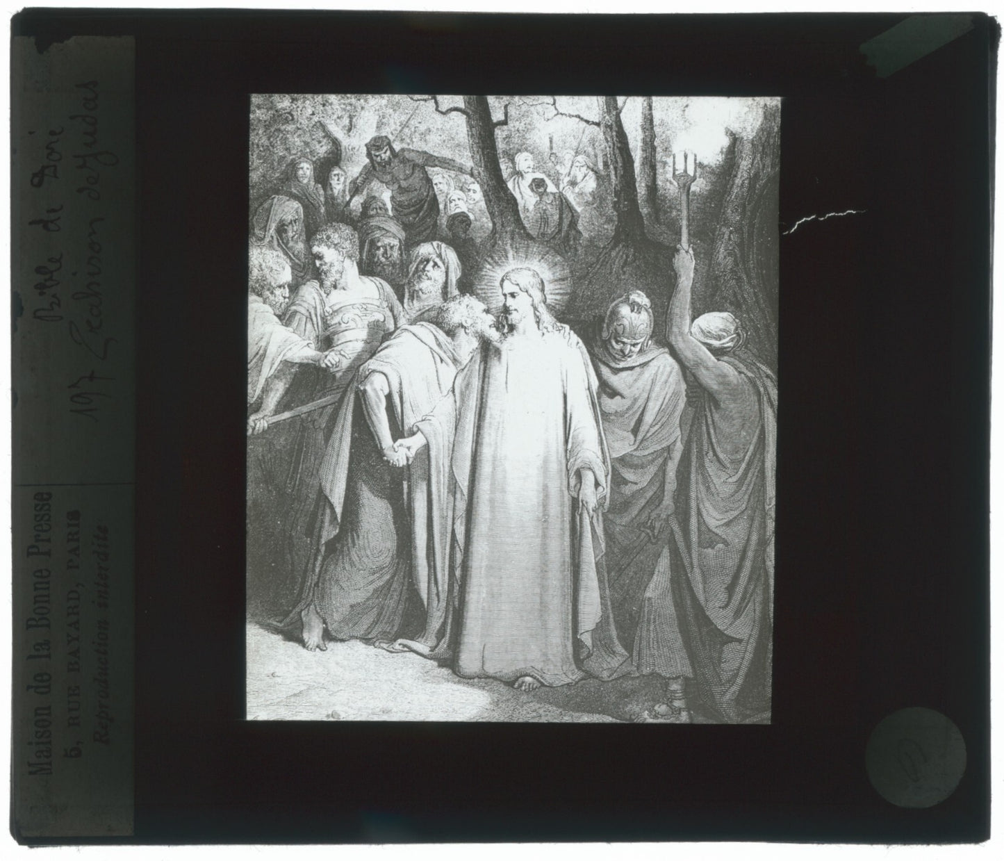 Trahison de Judas, la Bible de Doré, dessin, plaque de verre, positif 8,5x10 cm