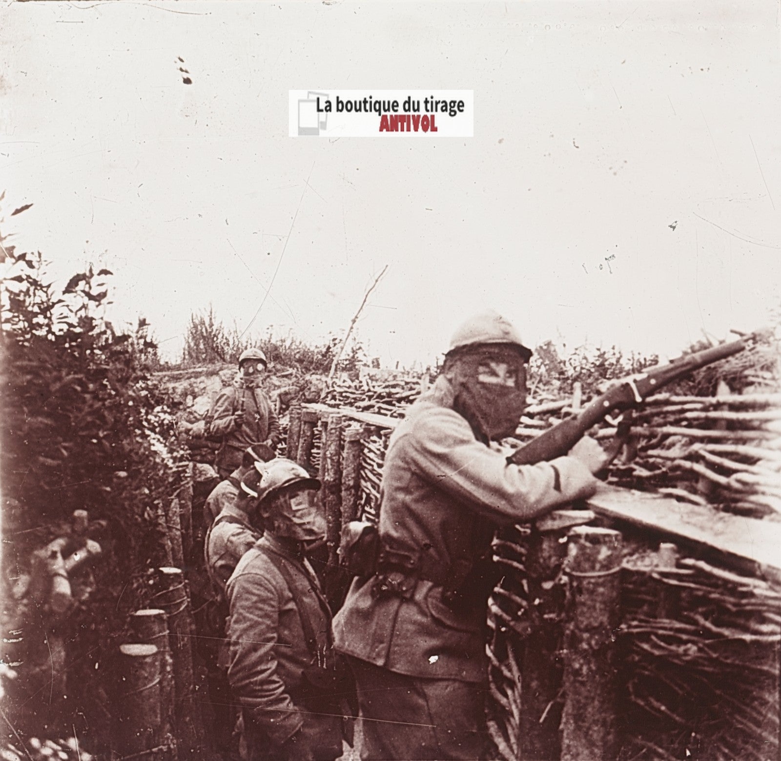 Alerte aux gaz (1916), WW1, plaque verre stéréo, photo ancienne 4,5x10,7 cm