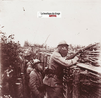 Alerte aux gaz (1916), WW1, plaque verre stéréo, photo ancienne 4,5x10,7 cm