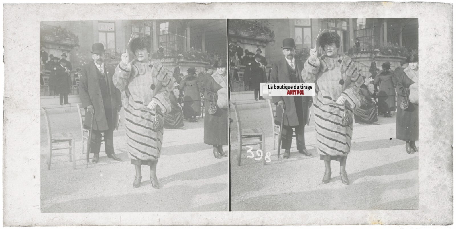 Personnages, Longchamp, Paris, plaque verre stéréoscopique, positif 8,5x17 cm