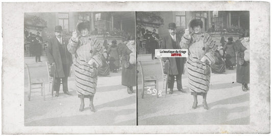 Personnages, Longchamp, Paris, plaque verre stéréoscopique, positif 8,5x17 cm