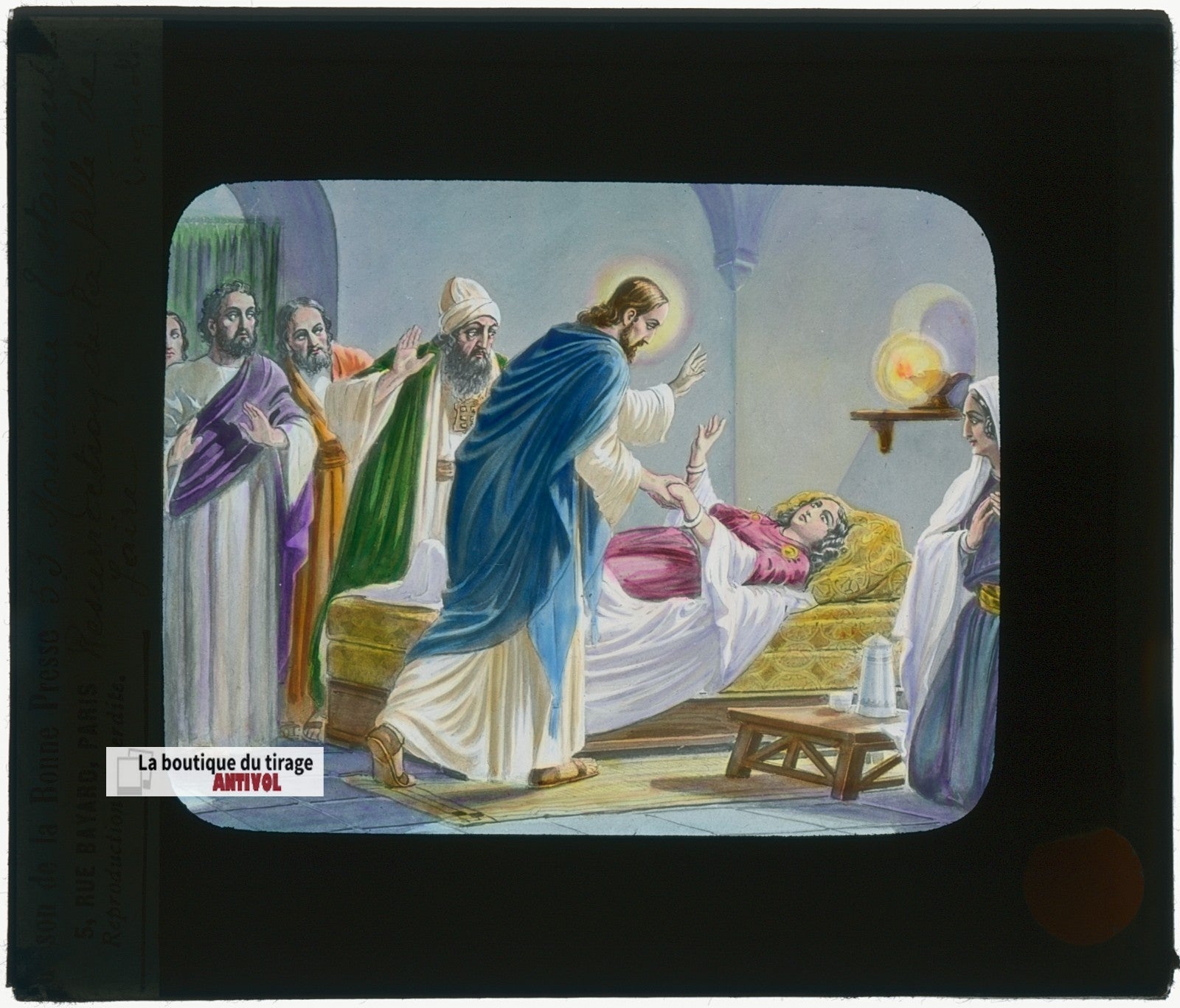 Résurrection fille de Jaïre, dessin, plaque verre ancienne, couleur 8,5x10 cm