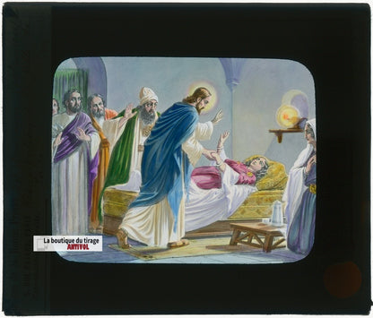 Résurrection fille de Jaïre, dessin, plaque verre ancienne, couleur 8,5x10 cm