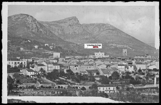 Plaque verre photo ancienne, négatif noir & blanc 9x14 cm, Vence, carte postale