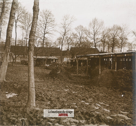 Dépôt militaire, guerre WW1, plaque verre photo ancienne stéréo 6x13 cm