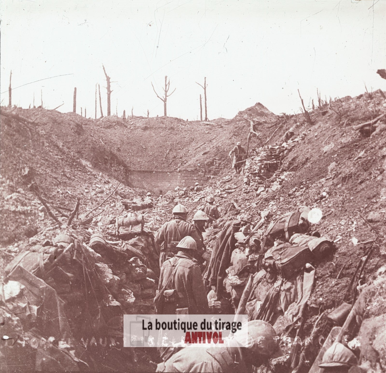 Fort de Vaux, tranchées, guerre WW1, plaque verre stéréo, photo 4,5x10,7 cm