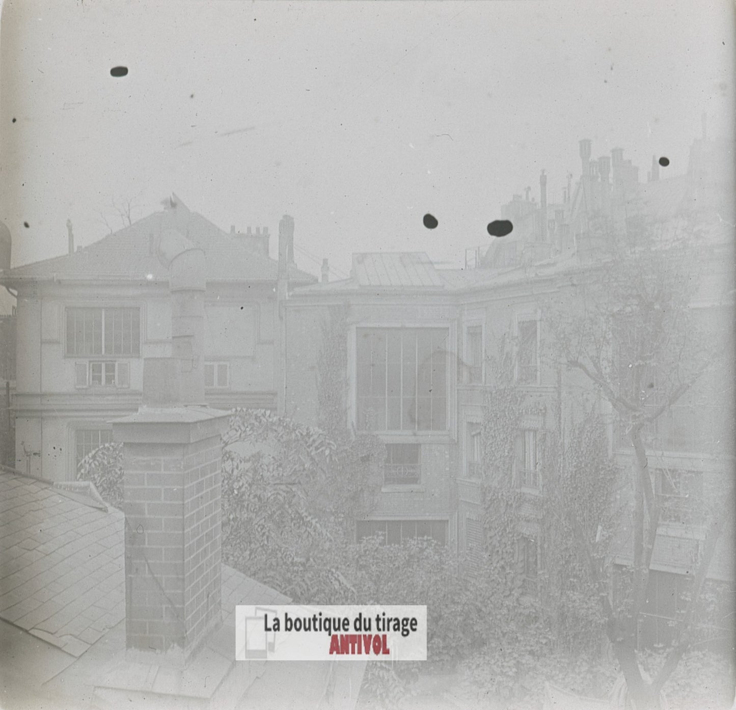 Paris, cours toitures immeubles, plaque verre stéréo, photo ancienne 4,5x10,7 cm
