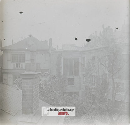 Paris, cours toitures immeubles, plaque verre stéréo, photo ancienne 4,5x10,7 cm