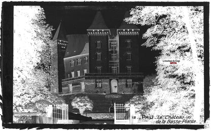 Plaque verre photo vintage, négatif noir & blanc 9x14 cm, façade château Pau