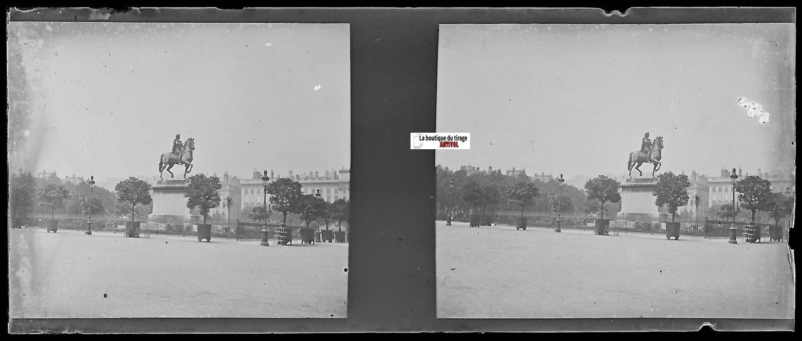 Lyon, Bellecour, Plaque verre photo stéréo, négatif noir & blanc 4,5x10,7 cm