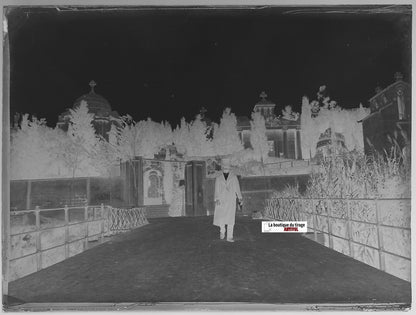 Homme, Espagne, cimetière, Plaque verre photo, négatif noir & blanc 9x12 cm