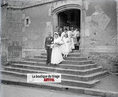 Mariage, village France, plaque verre, photo ancienne, négatif N&B 6x13 cm