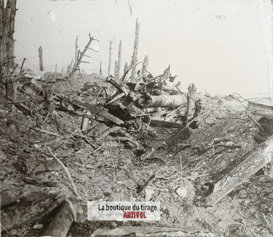 Canon ennemi, bombardement guerre WW1, plaque verre stéréo, photo 4,5x10,7 cm