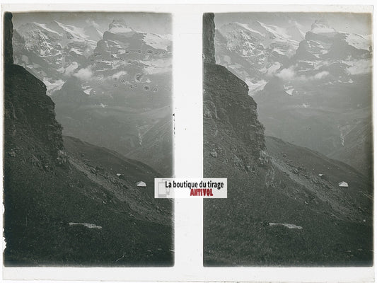 Paysages, Alpes Suisse, stéréo photo plaque verre, noir & blanc, 9x12 cm