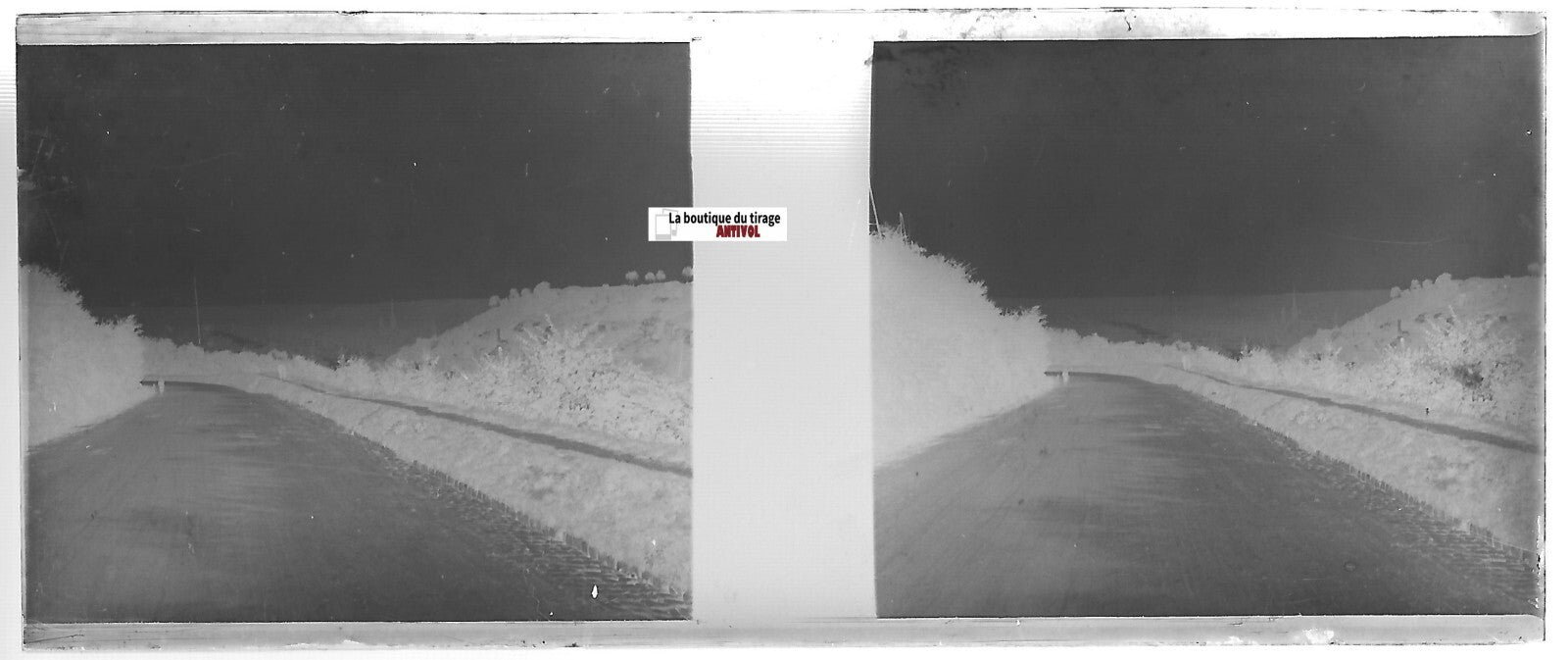 Paysage, route, Plaque verre photo stéréo, négatif noir & blanc 4,5x10,7 cm