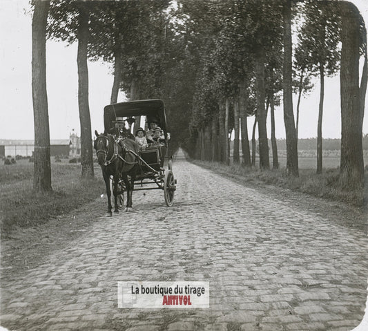 Promenade, voiture hippomobile, plaque verre photo ancienne stéréo 6x13 cm