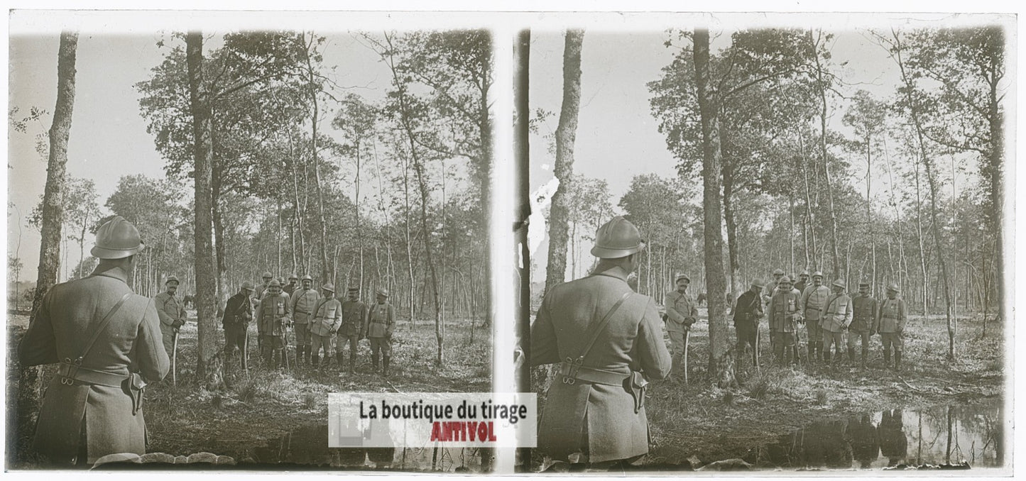 Officiers français, guerre WW1, plaque verre photo ancienne stéréo 6x13 cm