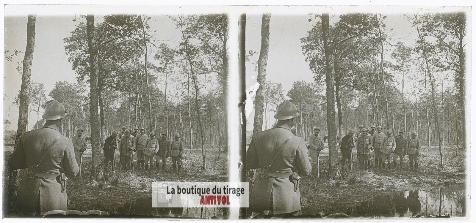 Officiers français, guerre WW1, plaque verre photo ancienne stéréo 6x13 cm