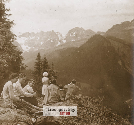Les Contamines-Montjoie, montagne, plaque verre photo ancienne stéréo 6x13 cm