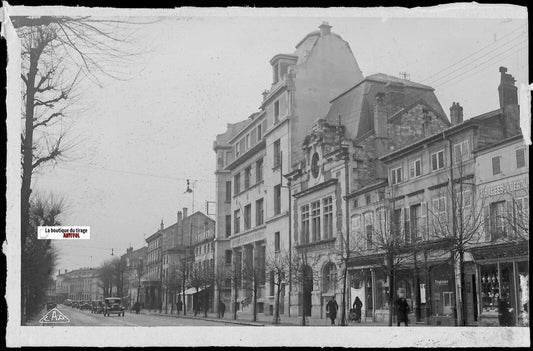 Plaque verre photo ancienne, négatif noir & blanc 9x14 cm, Bar-le-Duc, voitures