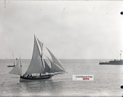 Bateau mer Méditerranée, Algérie, plaque verre photo ancienne, négatif 9x12 cm