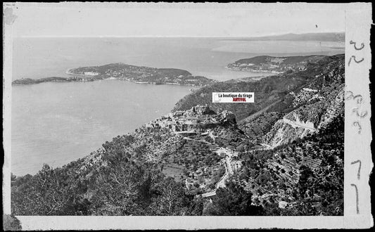 Plaque verre photo ancienne négatif noir & blanc 9x14 cm, Èze, paysage, mer