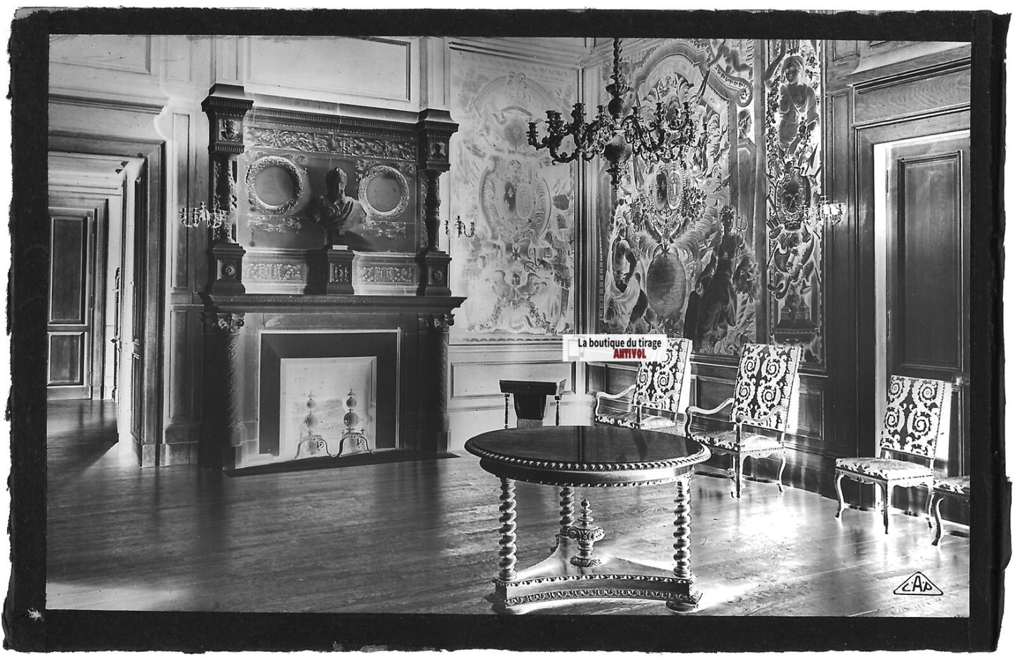 Plaque verre photo vintage, négatif noir & blanc 9x14 cm, château de Pau, salon